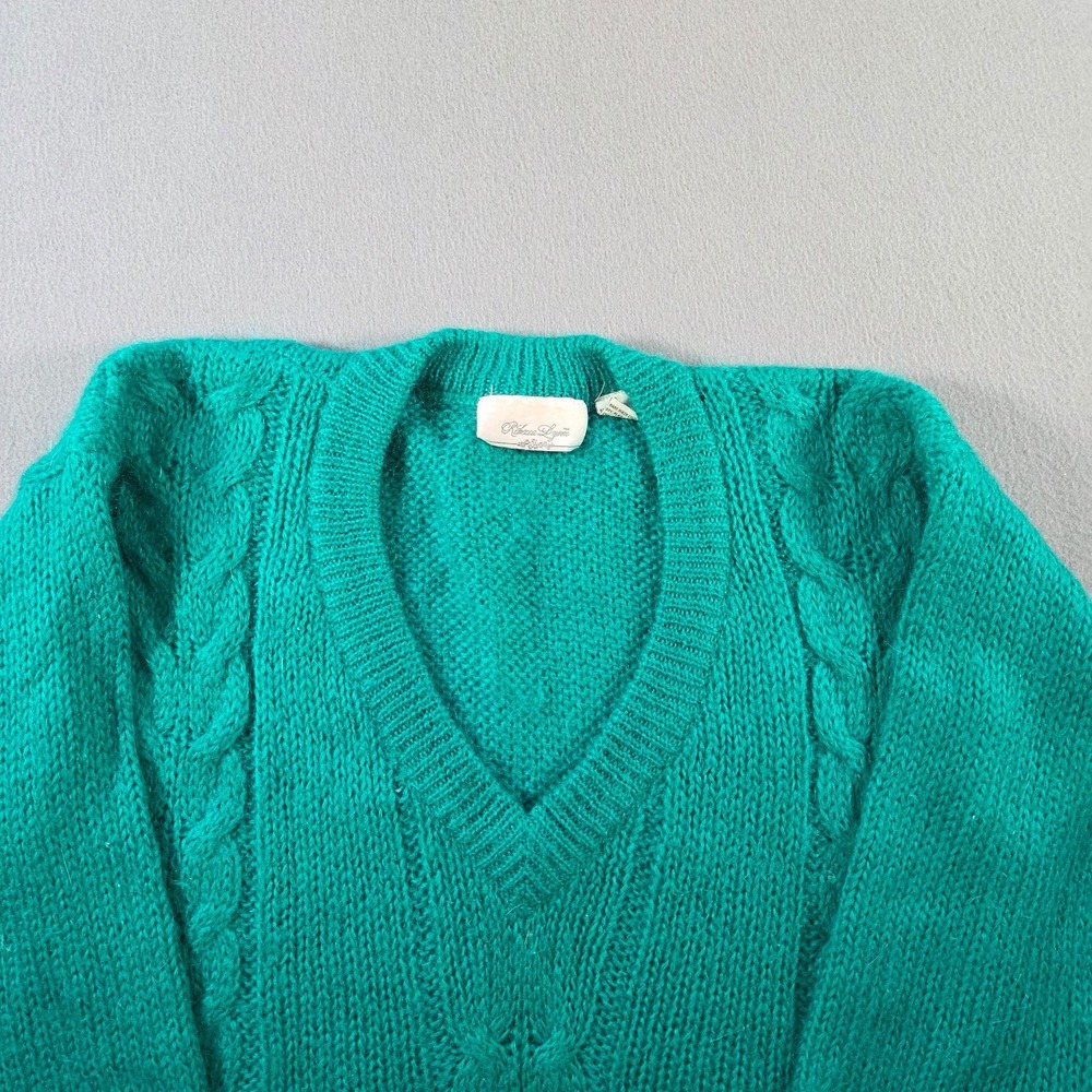 Rebecca Lynn Sweater Womens Large Green Mohair Blend Chunky Cable Knit V Neck - Picture 4 of 7